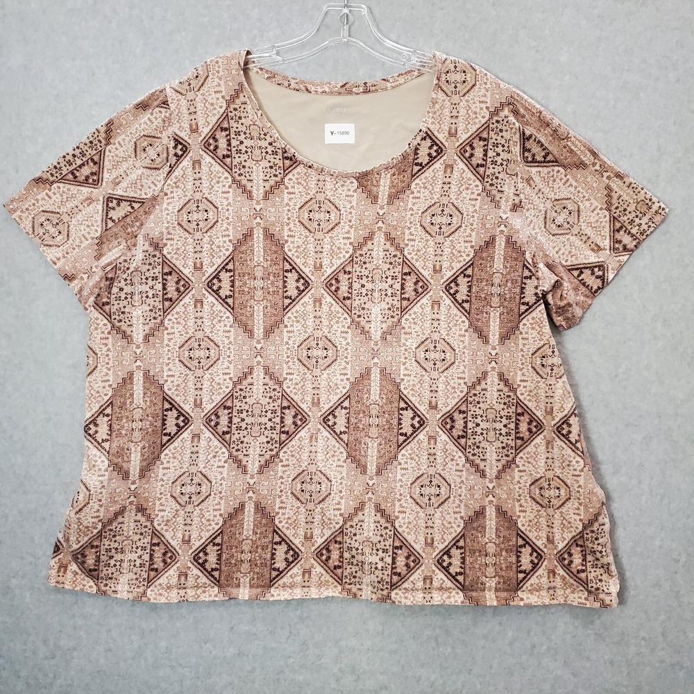 Catherines Women Top 1x Brown Geometric Shirt‎ Short Sleeve Round Neck